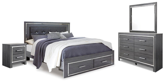 Lodanna King Panel Bed with 2 Storage Drawers, Dresser, Mirror and Nightstand