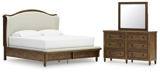 Sturlayne King Upholstered Panel Bed, Dresser and Mirror